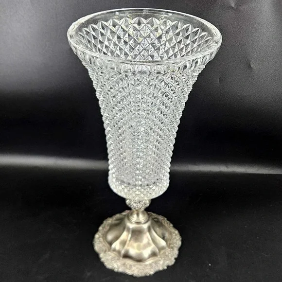 Vintage silver plated floral base diamond cut glass heavy ornate vase, 12" - Picture 2 of 6